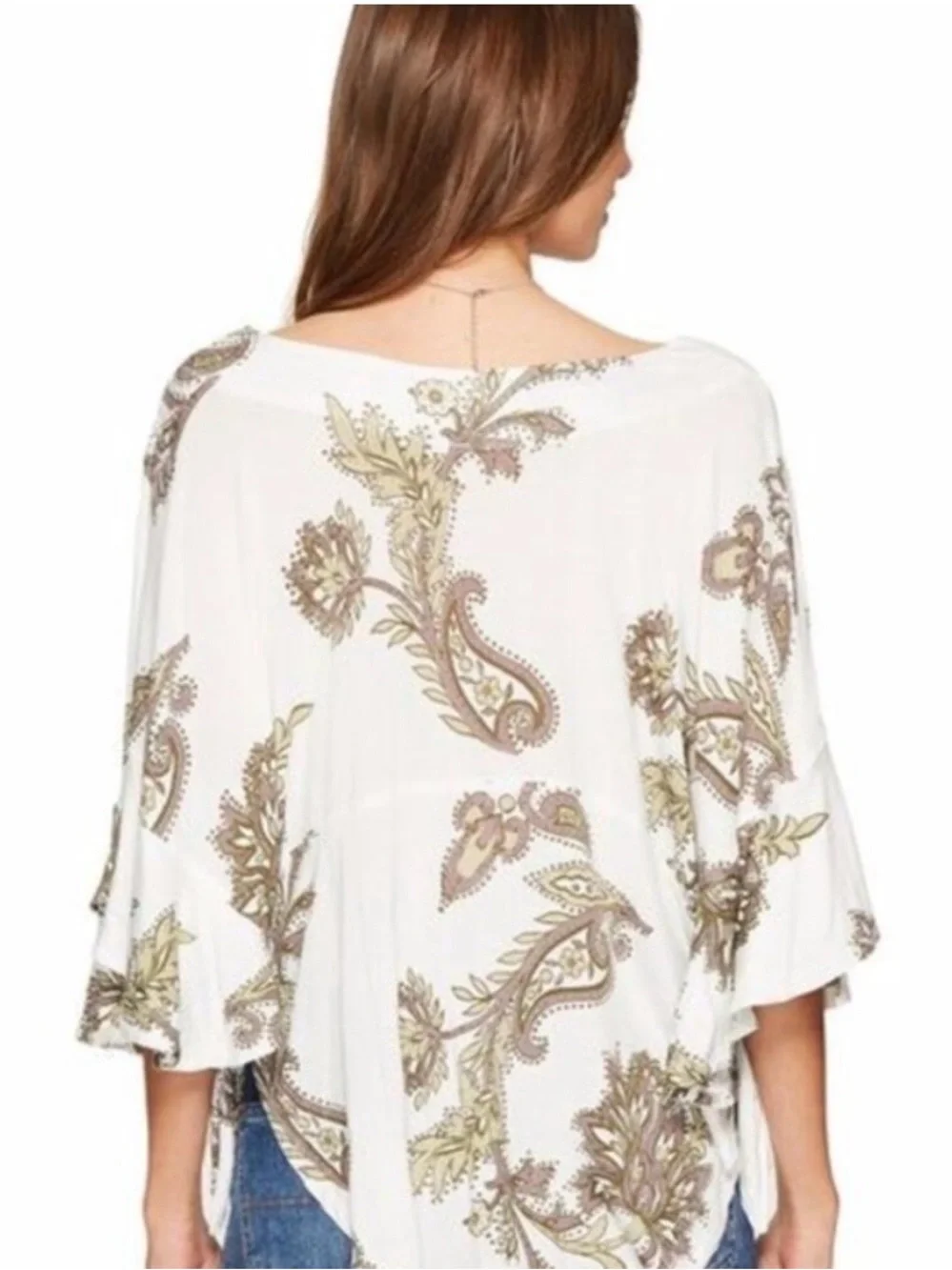 Free People Maui Wowie White Paisley V-Neck Flutter Sleeve Top Blouse Size XS